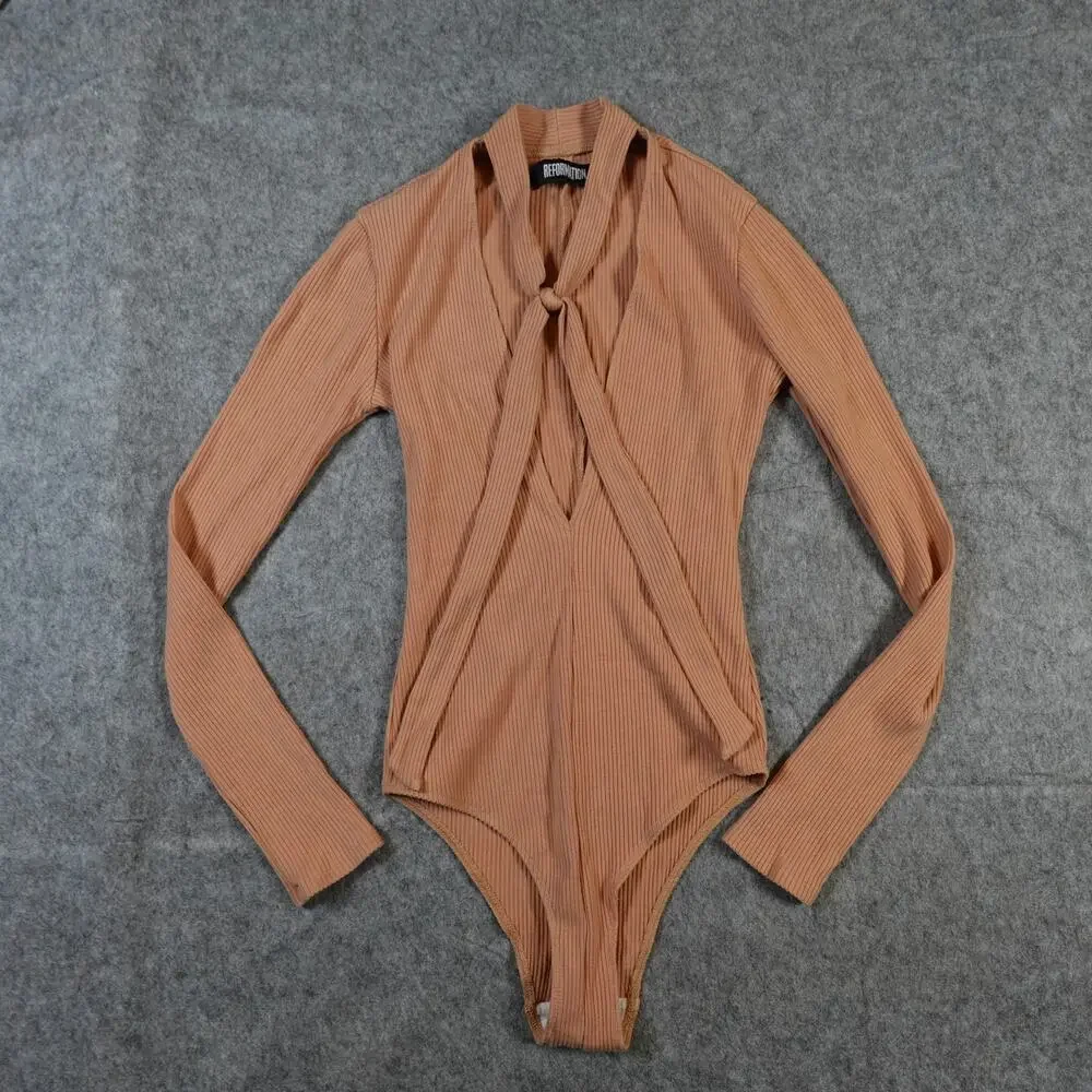 Reformation Bodysuit Womens Extra Small Grady Ribbed Tie Neck Deep V Buff Tan - Picture 2 of 10